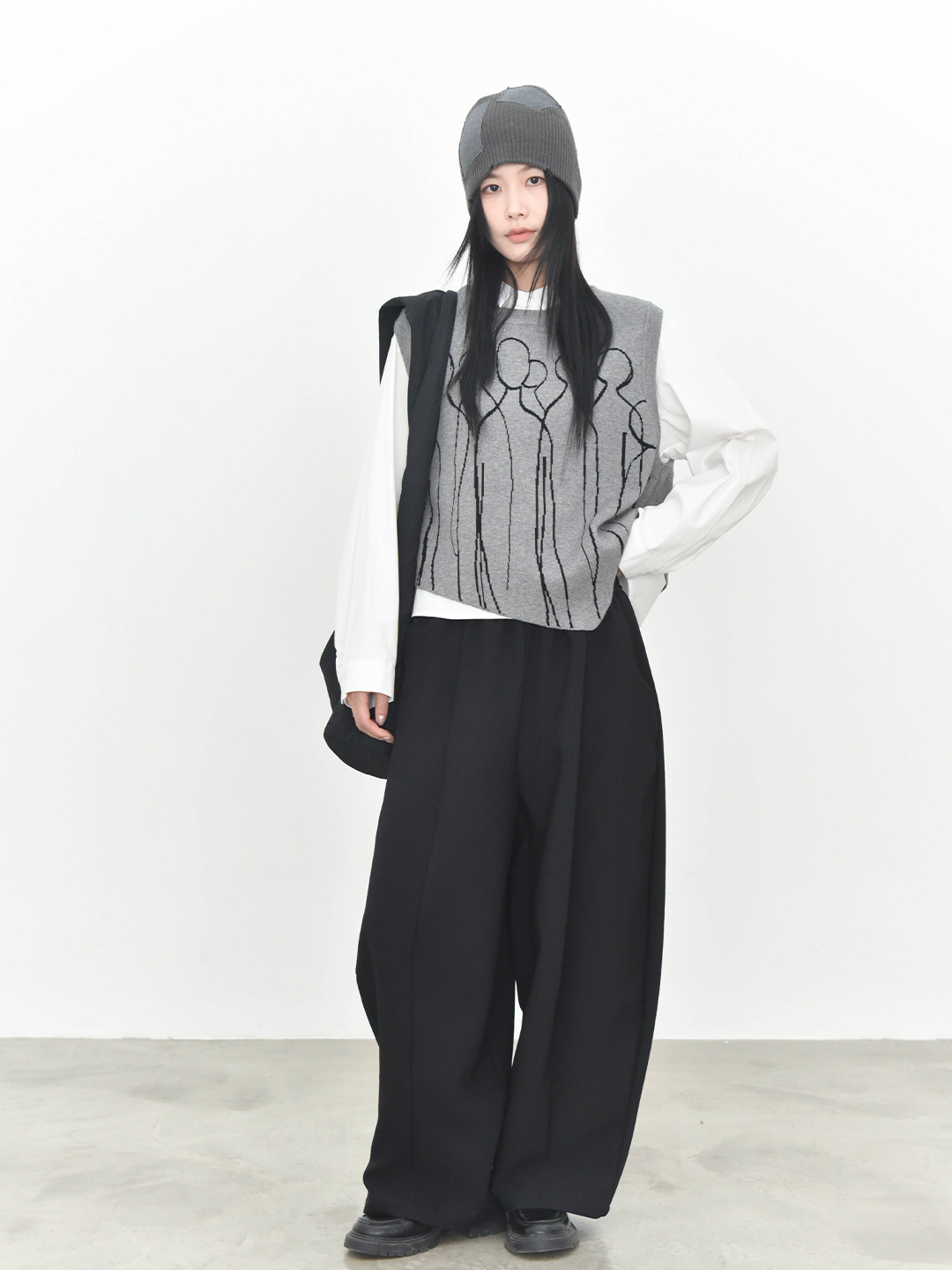 女士秋冬撞色提花尖角圓領針織馬甲