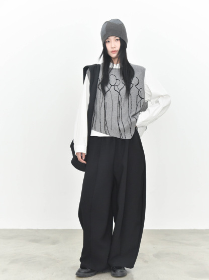 女士秋冬撞色提花尖角圓領針織馬甲