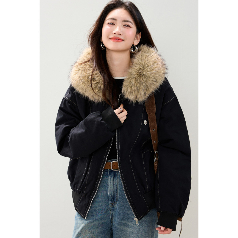 女士秋冬加厚明線設計保暖連帽毛領短款棉衣外套