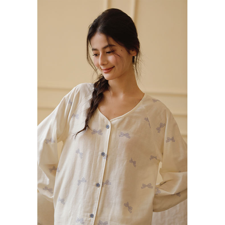 女無領長袖蝴蝶結印花睡衣套裝