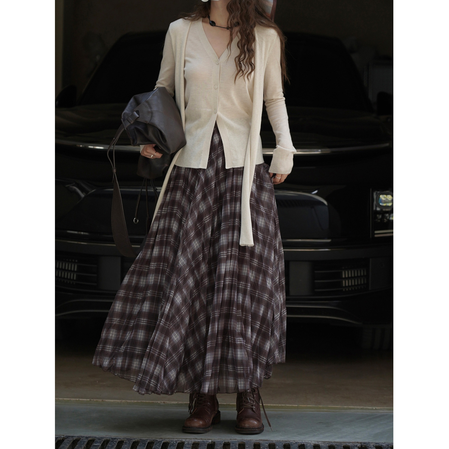 女士秋季法式格子大擺半身裙