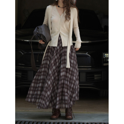 女士秋季法式格子大擺半身裙