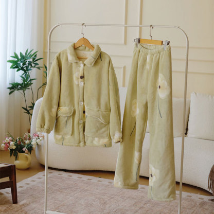 女秋冬加厚羊羔絨粉底白兔印花睡衣