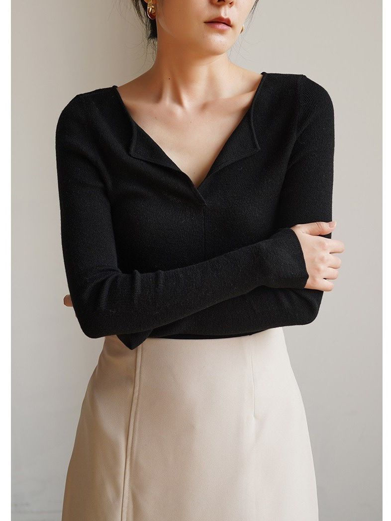 女士春秋小翻領V領打底衫