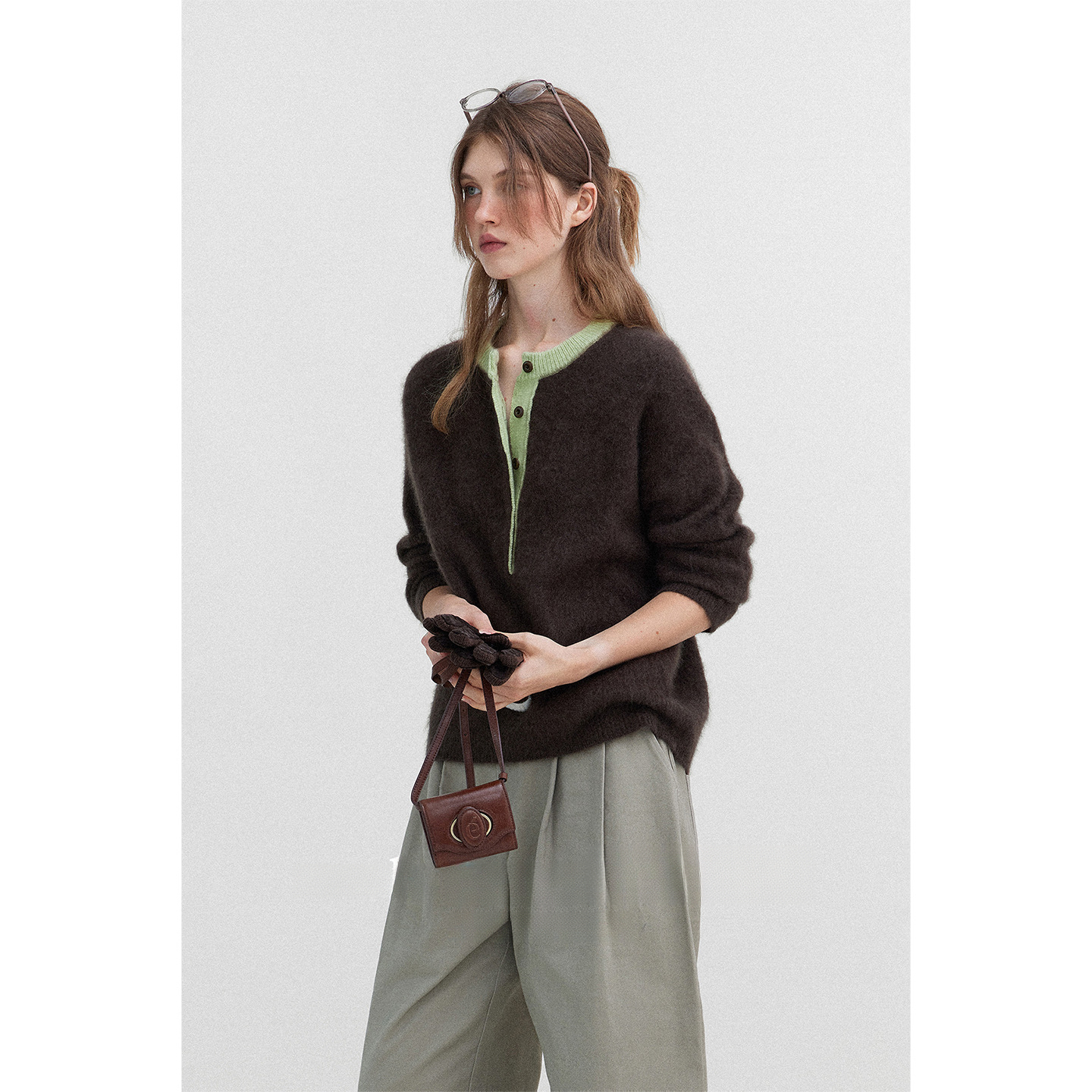 女士復古羊毛絨半開門襟毛衣