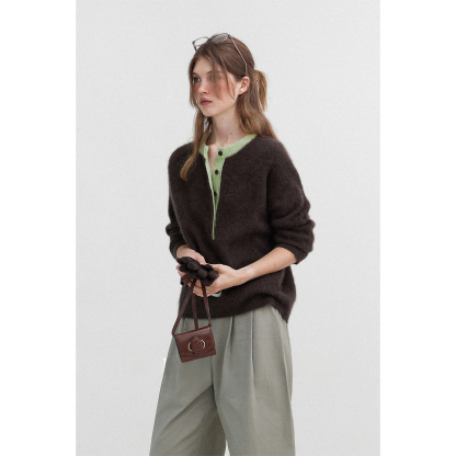 女士復古羊毛絨半開門襟毛衣