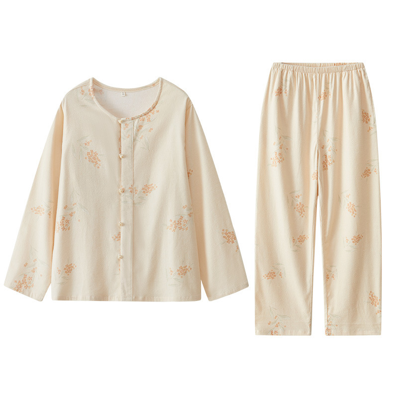 女士秋冬全棉米色花束圓領長袖長褲居家服