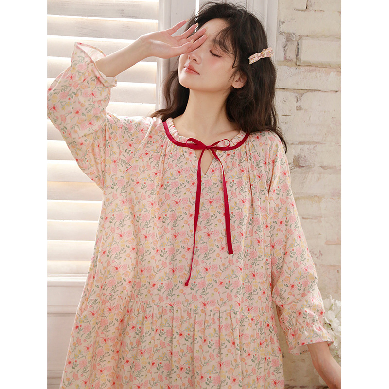 女春九分袖棉紗小碎花睡裙居家服