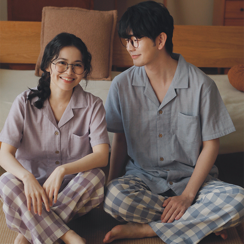 男款情侶款男士夏天純棉紗布藍格睡衣