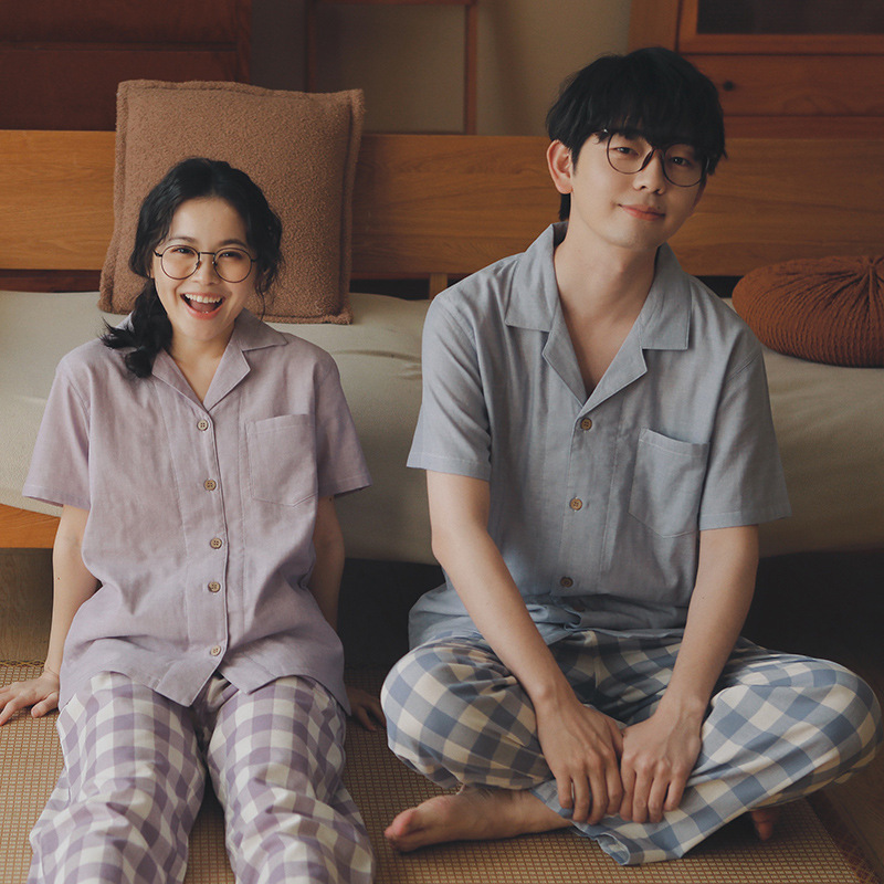 男款情侶款男士夏天純棉紗布藍格睡衣