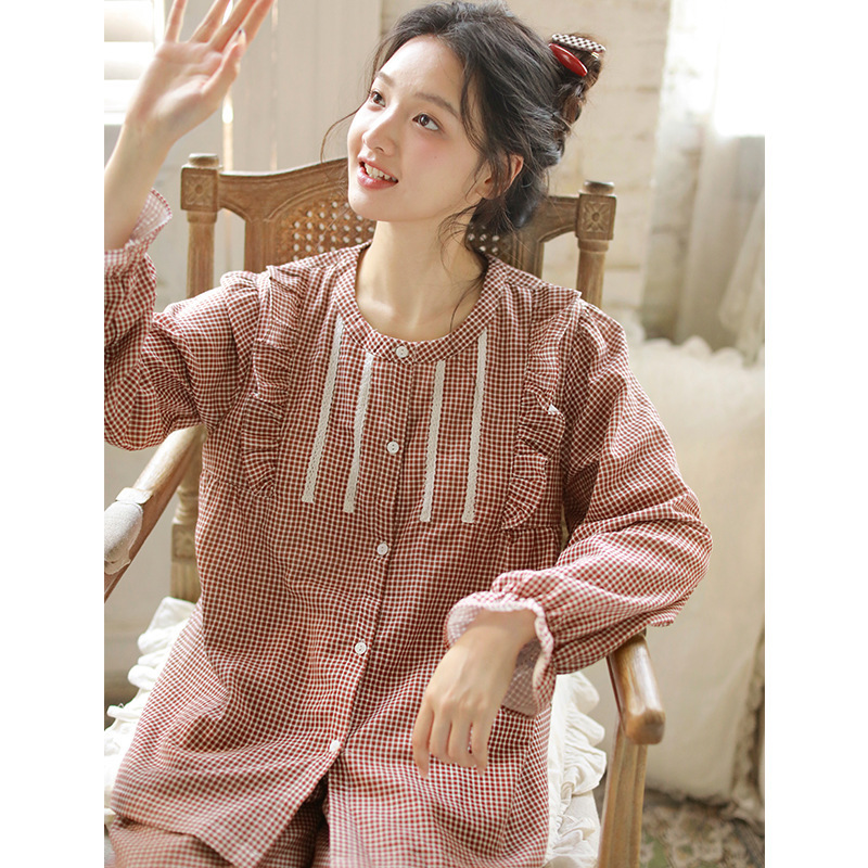 女士秋季帶胸墊純棉圓領開衫長袖長褲居家服