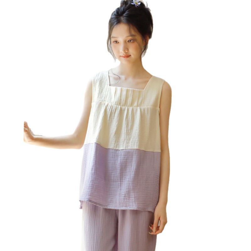 女款夏季壓褶方領無袖長褲家居服