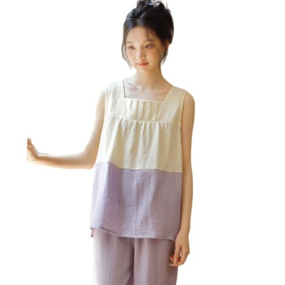 女款夏季壓褶方領無袖長褲家居服