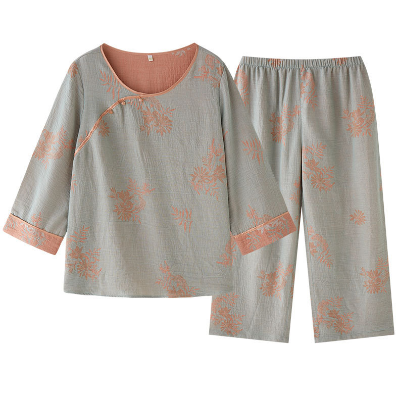 女士古風玉蘭花印花長袖圓領居家服套裝