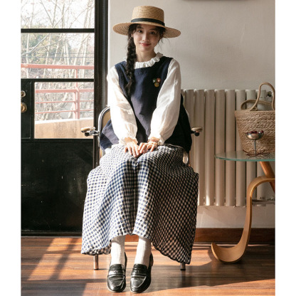 女士秋季棉麻花瓣領長袖襯衫+短款馬甲