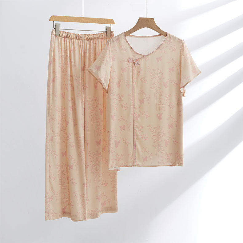 女款貢緞國風斜襟扣竹林印花睡衣套裝