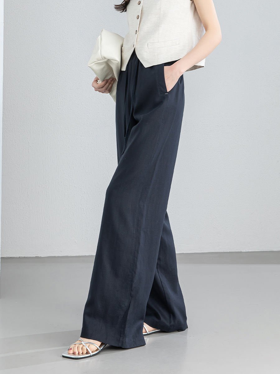 女夏天絲麻高腰直筒褲