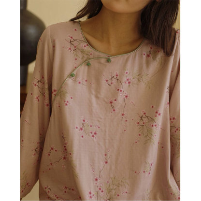 女竹棉紗新中式斜襟臘梅長袖睡裙