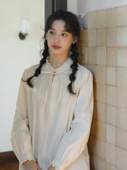 女春秋季系帶蝴蝶結長袖襯衫