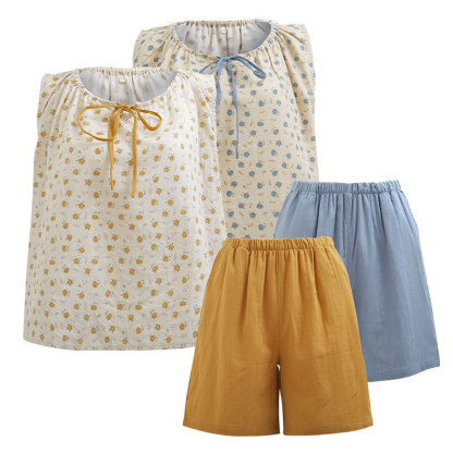 女夏舒適蝴蝶結無袖撞色印花居家套裝