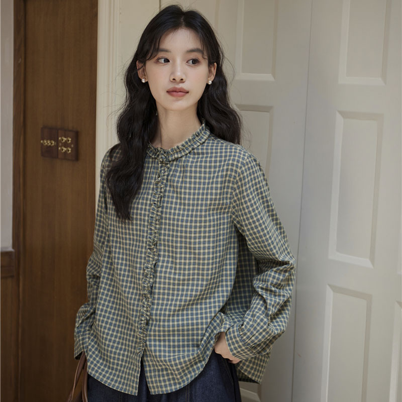 女士秋季木耳邊綠色格子長袖襯衫