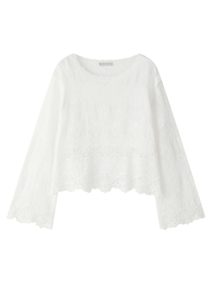 女士夏季蕾絲全棉鏤空長袖T恤