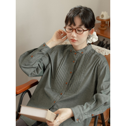 女士春秋古翼領打褶長袖襯衫