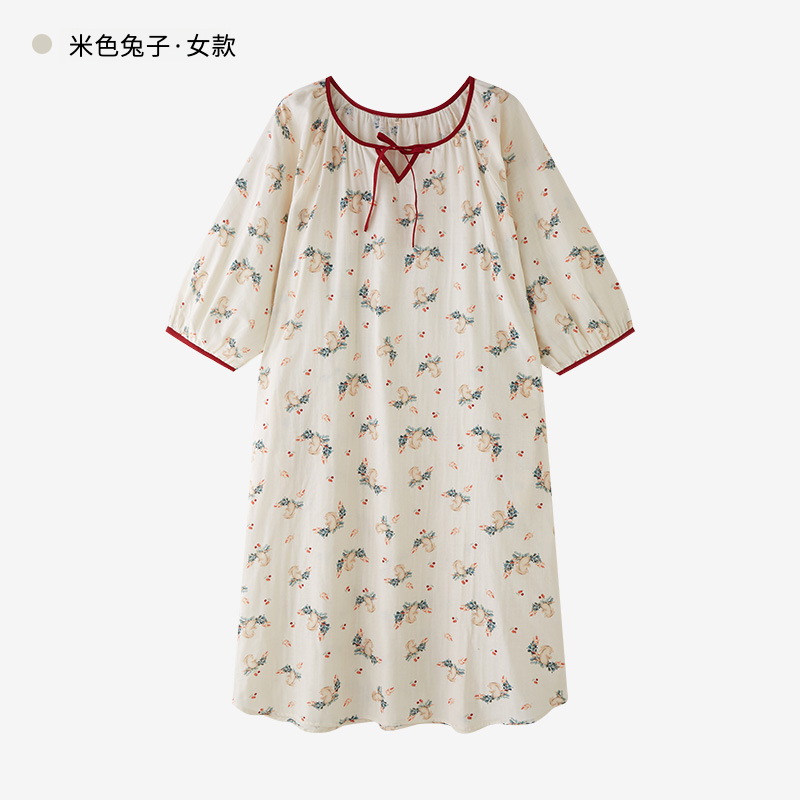 女款法式夏季七分袖純紗布可愛多睡裙
