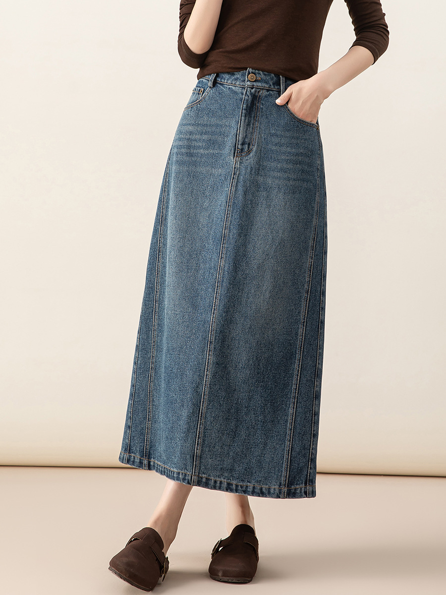 女士春秋季萊賽爾高開叉牛仔半身裙