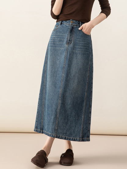 女士春秋季萊賽爾高開叉牛仔半身裙