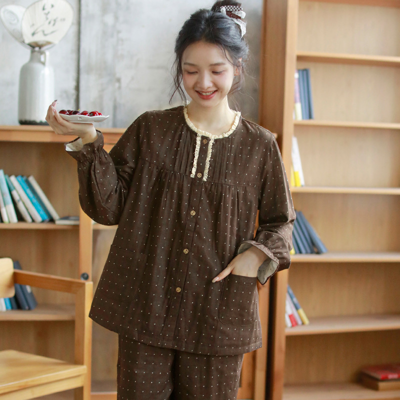 女士秋季棉紗點點圓領長袖長褲居家服