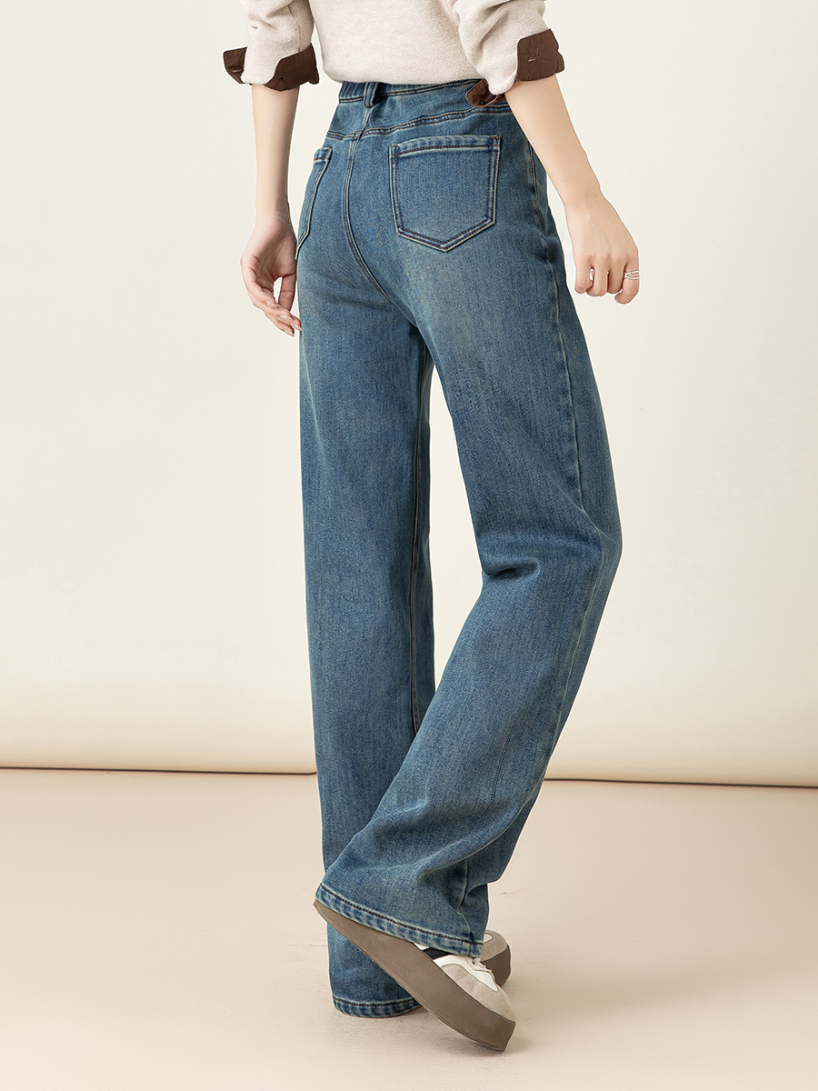 女士冬季加絨高腰直筒牛仔褲