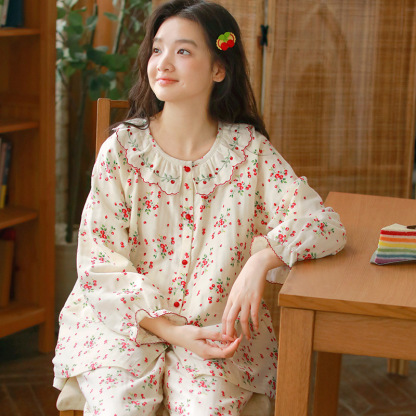 女士春秋薄款三層棉紗長袖長褲居家服