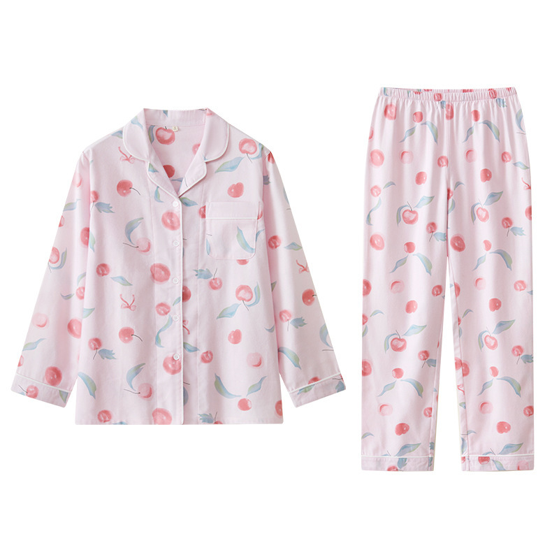 女士春秋冬純棉磨毛甜桃翻領長袖長褲居家服
