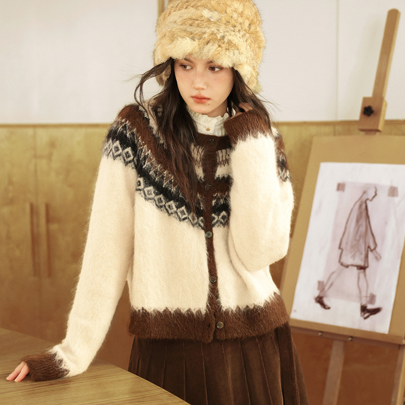 女士秋冬復古羊駝毛開衫