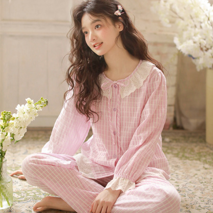女款棉紗粉藍花邊長袖長褲睡衣套裝