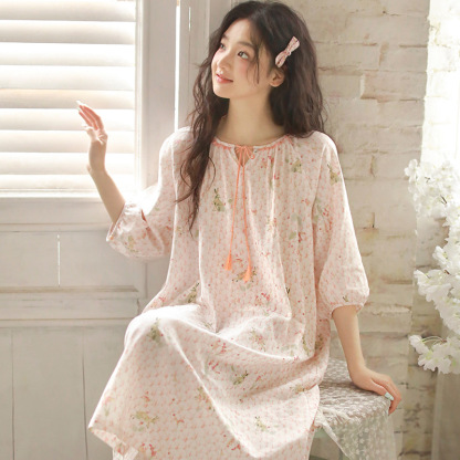 女款夏季棉紗流蘇系帶圓領七分袖睡裙