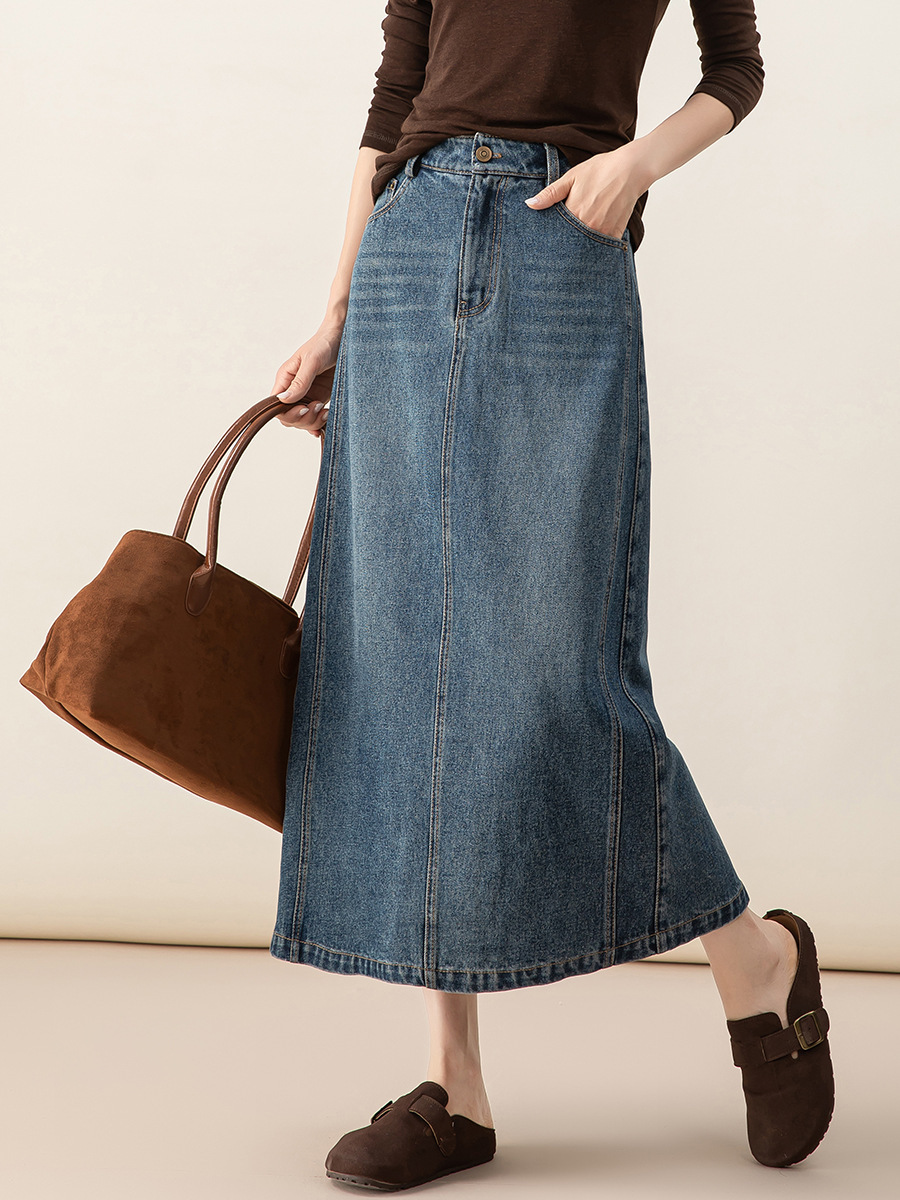 女士春秋季萊賽爾高開叉牛仔半身裙