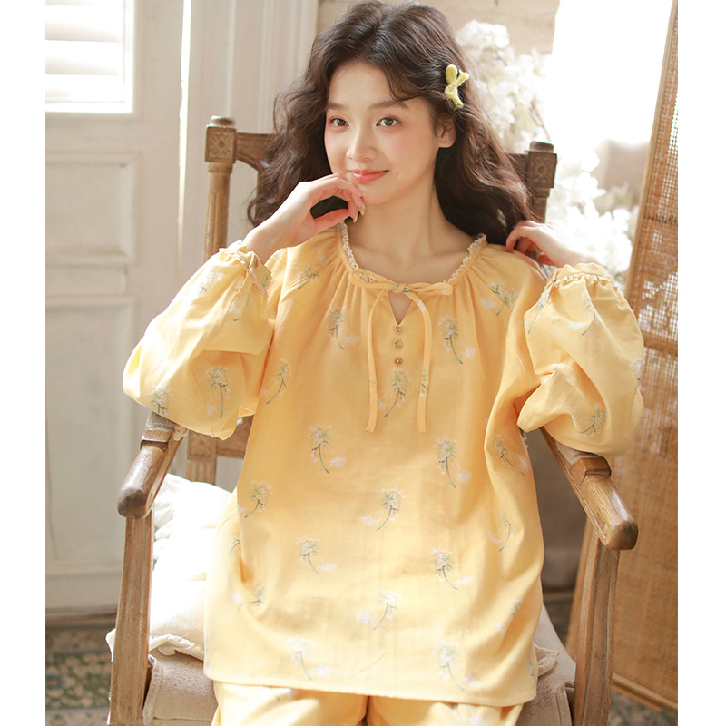女春純棉紗布黃色碎花寬鬆居家服