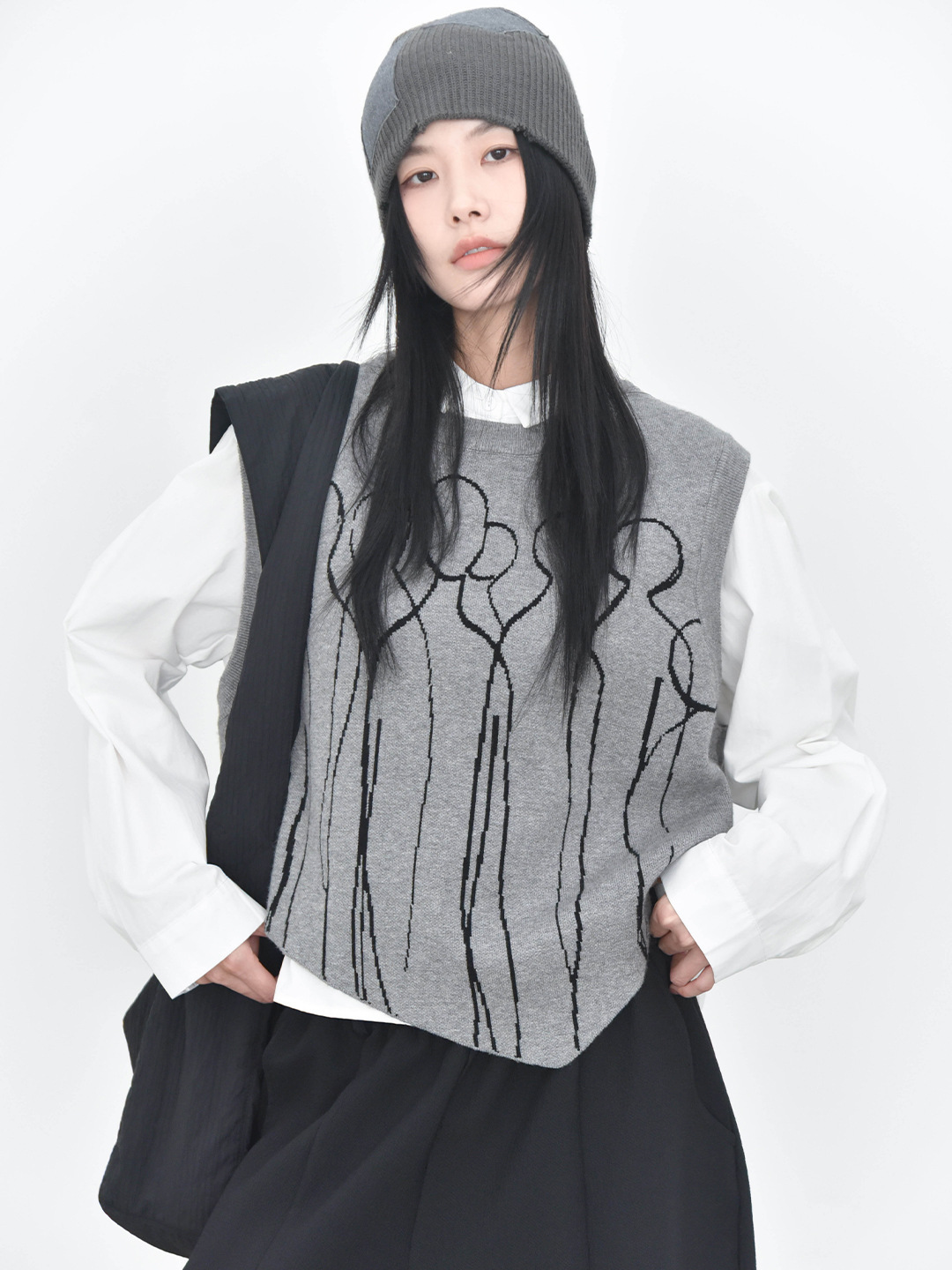 女士秋冬撞色提花尖角圓領針織馬甲