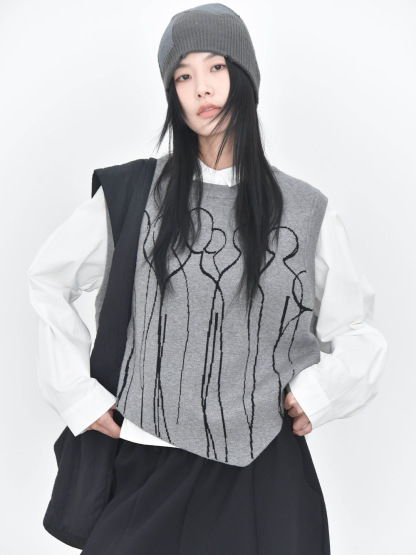 女士秋冬撞色提花尖角圓領針織馬甲