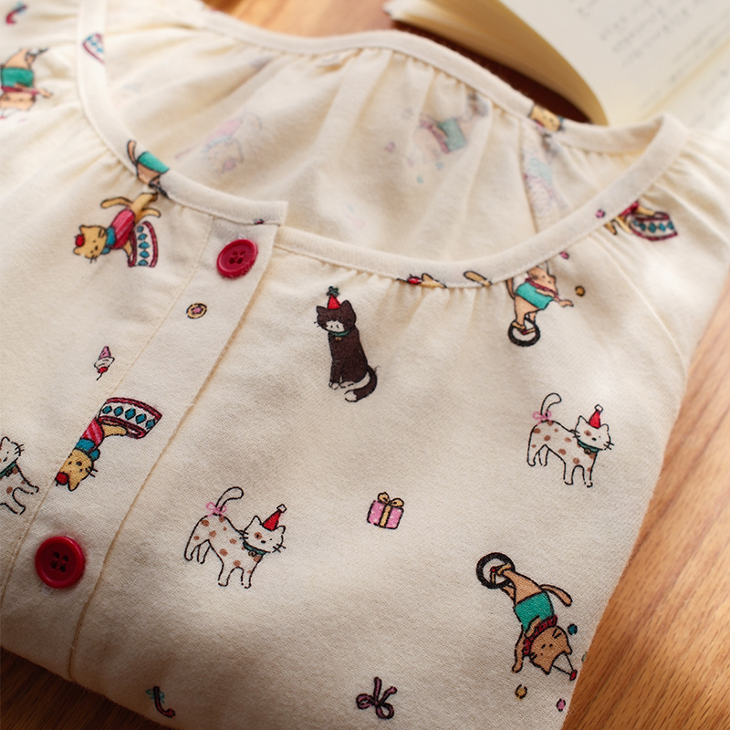 女士秋冬全棉磨毛絨布馬戲團圓領長袖長褲居家服