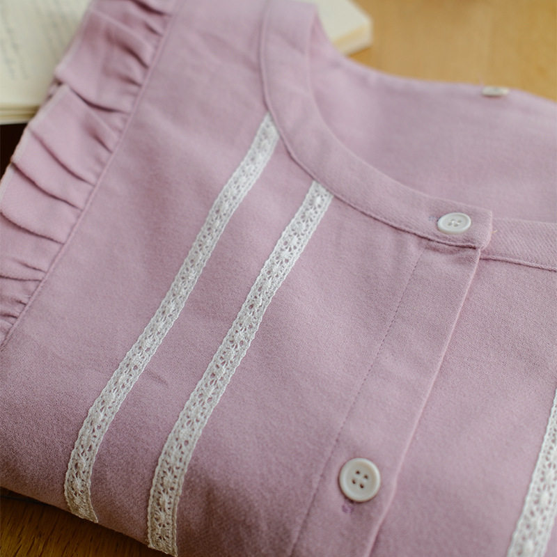 女士秋冬純棉磨毛花邊甜美圓領長袖長褲居家服