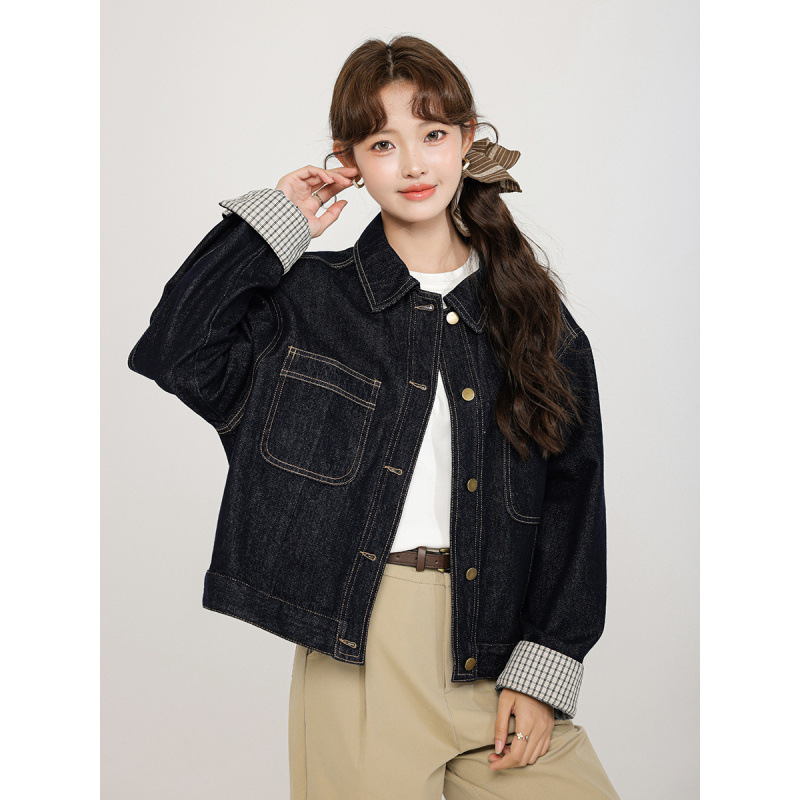 女士秋冬水洗藍格子袖口水洗牛仔外套