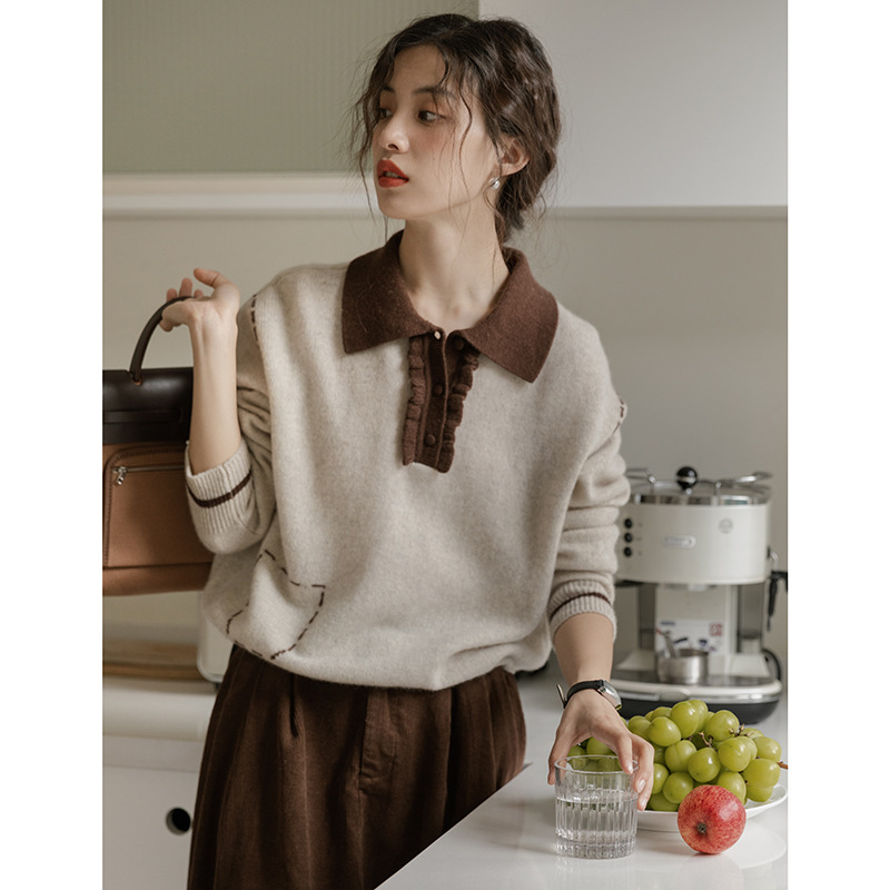 女士秋冬撞色POLO領羊駝絨毛衣