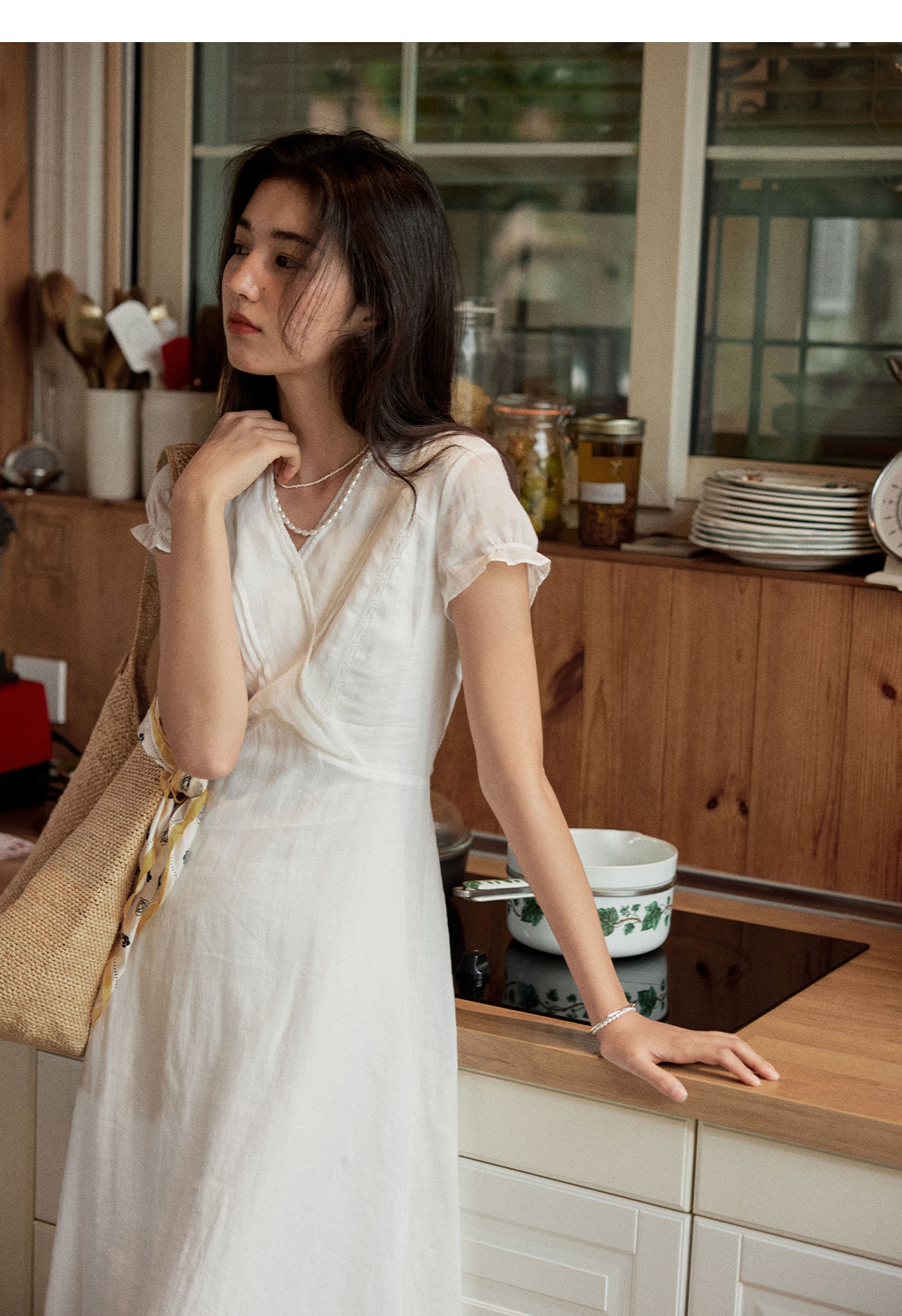 女夏法式苎麻v领短袖连衣裙