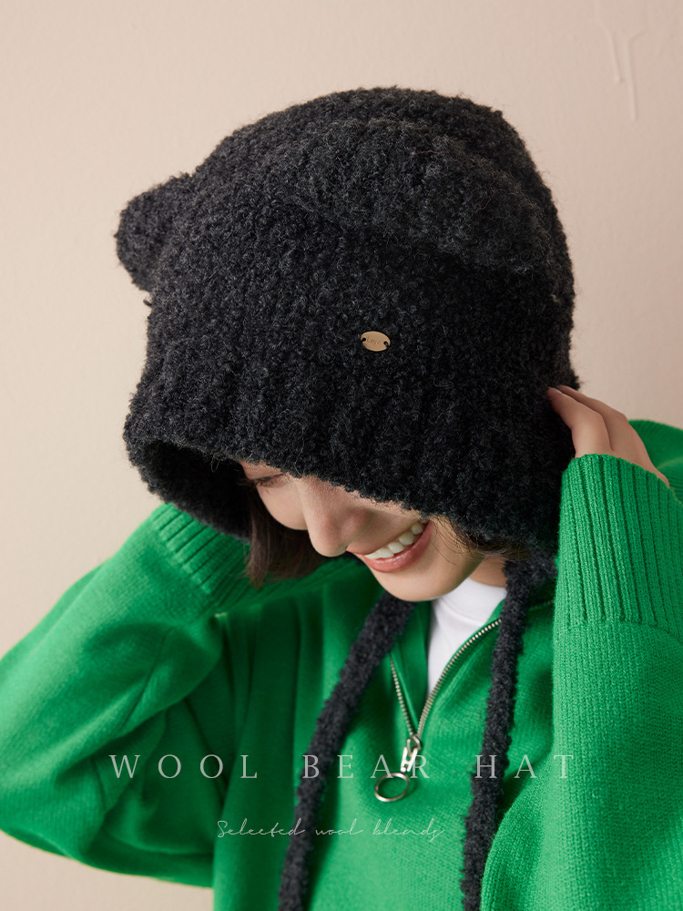 羊毛圈圈紗護耳小熊帽子