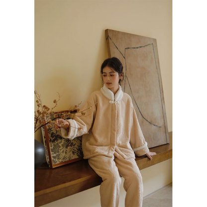 女秋冬加絨加厚蝴蝶提花盤口國風長袖睡裙