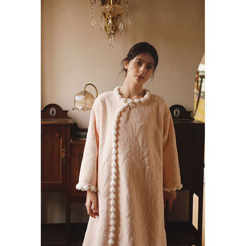 女秋冬加絨簡約提花甜美盤口國風睡裙