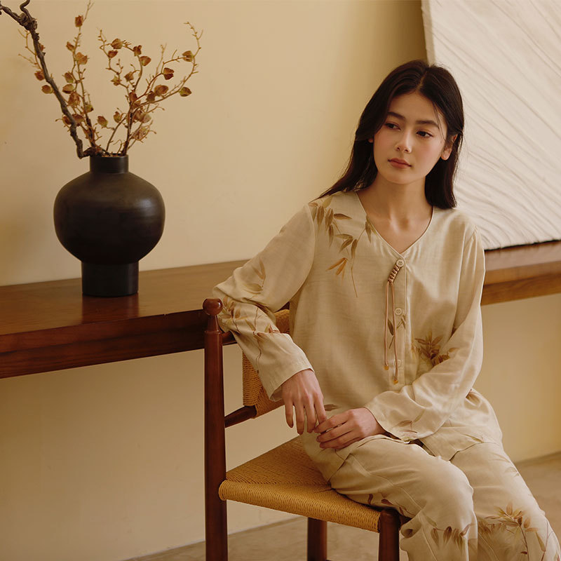 女款竹棉竹韻印花桃心領套頭長袖睡衣套裝